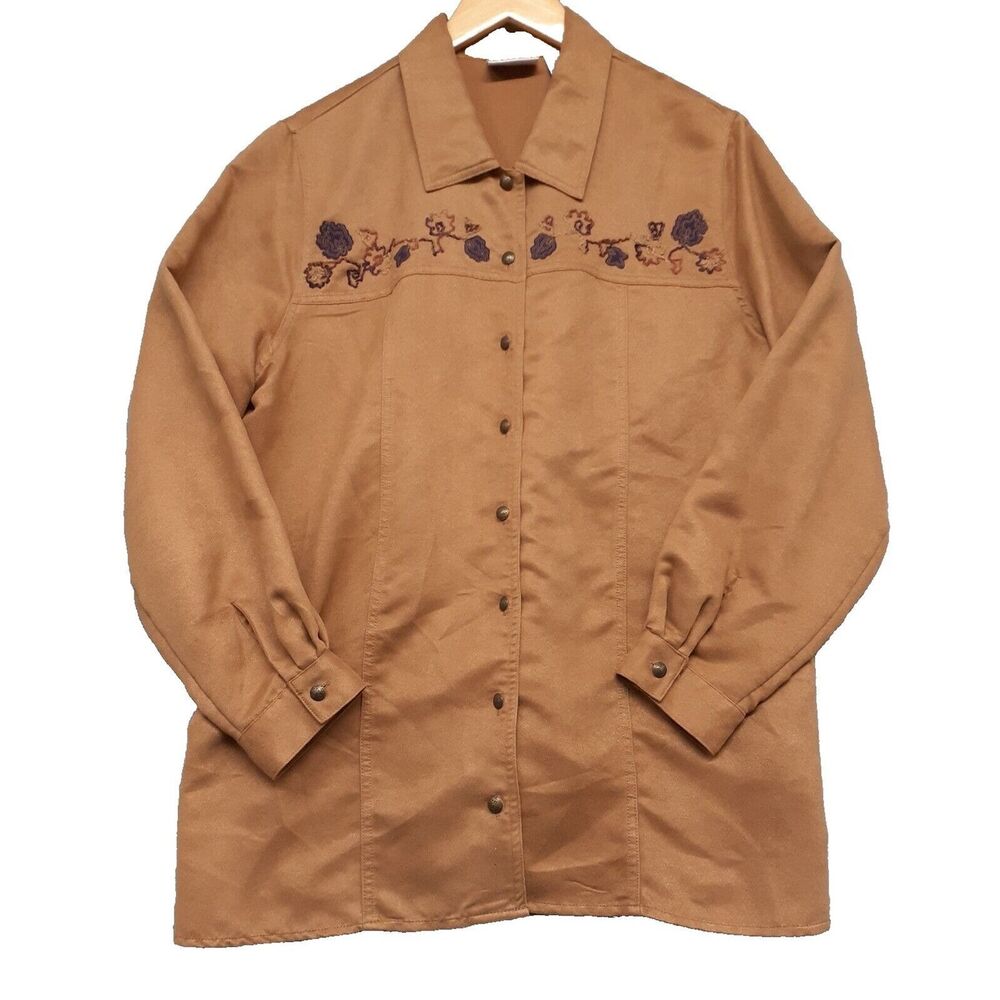 Napa Valley Women Sz 1X Camel Embroidered Leaves Collared Button Up Top Shacket
